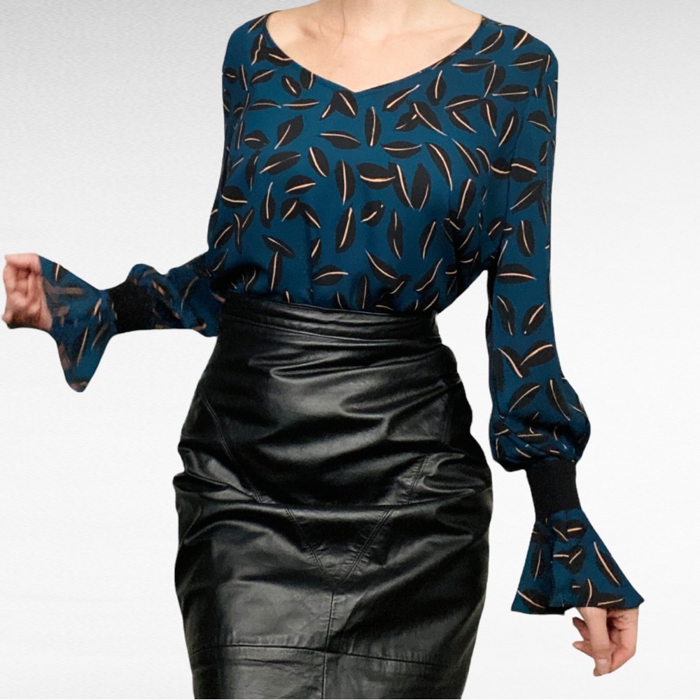 CAbi | Teal Black Tan Floating Shadow Leaf Print Long Bell Sleeve Blouse